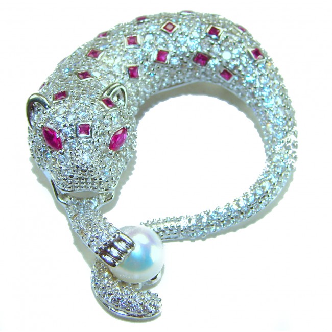 Gephard Natural 7.8 carat Ruby Pearl .925 Sterling Silver handmade pendant - Jeweled leopard brooch with rubies and pearl, detailed front view.