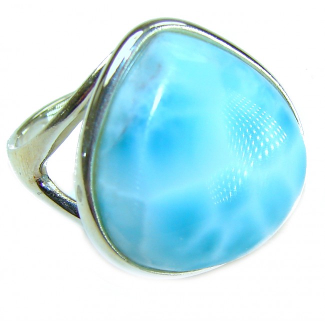 Caribbean Beauty 15.5 carat Genuine perfectly Blue Larimar .925 Sterling Silver handmade LARGE ring size 7 - Close-up of a 15.5 carat blue Larimar stone ring in silver setting.