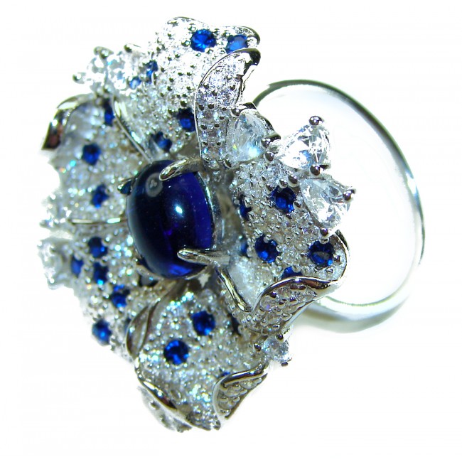 Exotic Flower - Authentic 7.5 carat Sapphire .925 Sterling Silver handcrafted Ring size 7 1/2 - Close-up of an exotic flower ring with sapphires and .925 sterling.