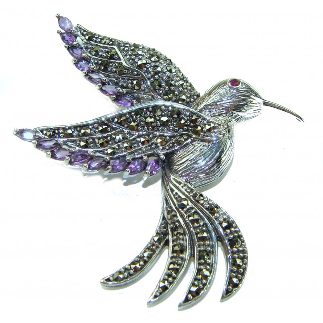 Incredible Flaying Bird Natural Amethyst Marcasite .925 Sterling Silver Brooch