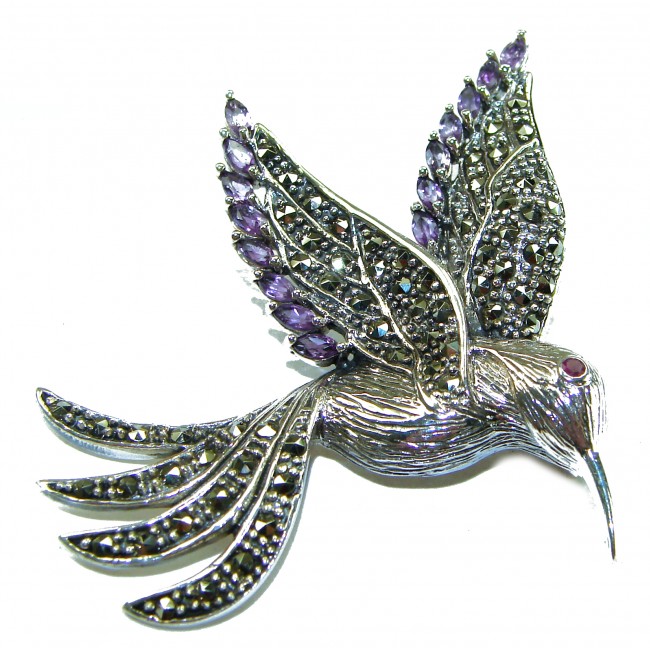 Incredible Flaying Bird Natural Amethyst Marcasite .925 Sterling Silver Brooch