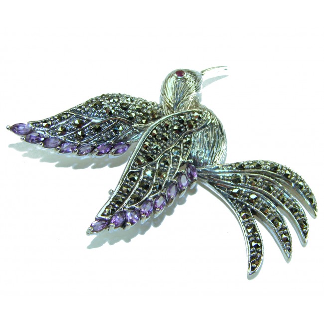 Incredible Flaying Bird Natural Amethyst Marcasite .925 Sterling Silver Brooch