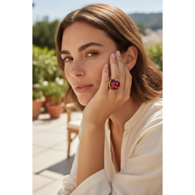 Bella Rosa Genuine 12.8 CARAT Star Ruby 18k GOLD OVER .925 Sterling Silver Statement Ring size 8 - Woman wearing Bella Rosa 12.8 carat star ruby ring, outdoor setting.