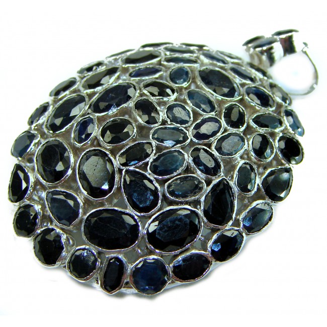 Vintage Design - 35.2 carat deep blue Sapphire .925 Sterling Silver handcrafted PENDANT and Brooch - Close-up of vintage sapphire pendant with sterling silver setting.