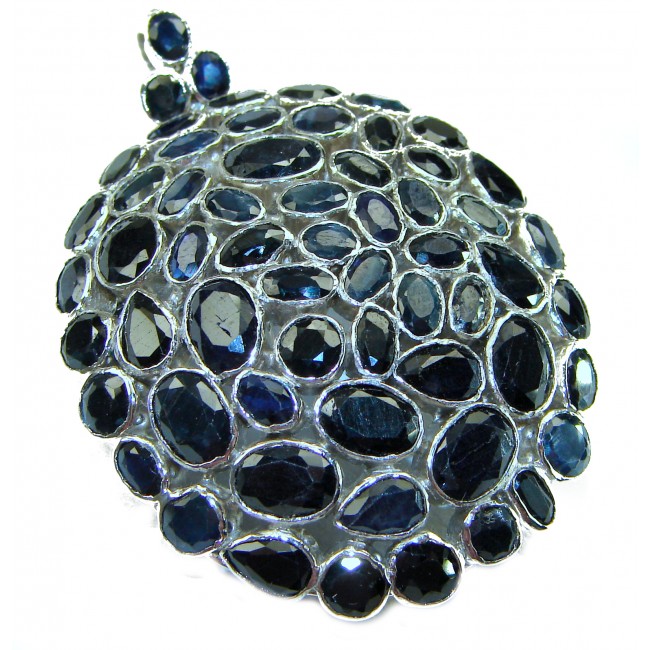 Vintage Design - 35.2 carat deep blue Sapphire .925 Sterling Silver handcrafted PENDANT and Brooch - Close-up of vintage sapphire brooch with sterling silver setting.