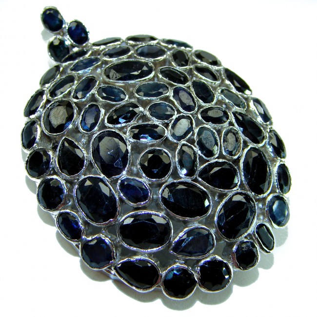 Vintage Design - 35.2 carat deep blue Sapphire .925 Sterling Silver handcrafted PENDANT and Brooch - Top view of vintage design sapphire jewelry with multiple stones