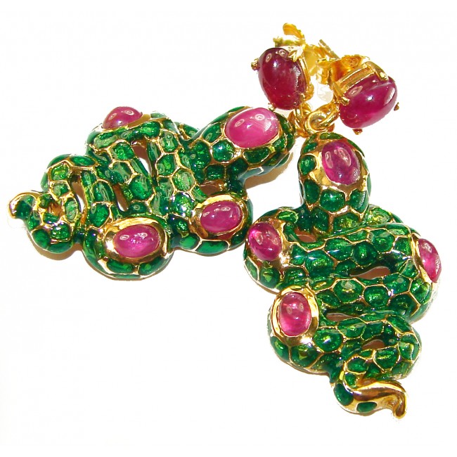 Green Snakes Genuine Enamel Ruby 18K Gold over .925 Sterling Silver handcrafted Earrings