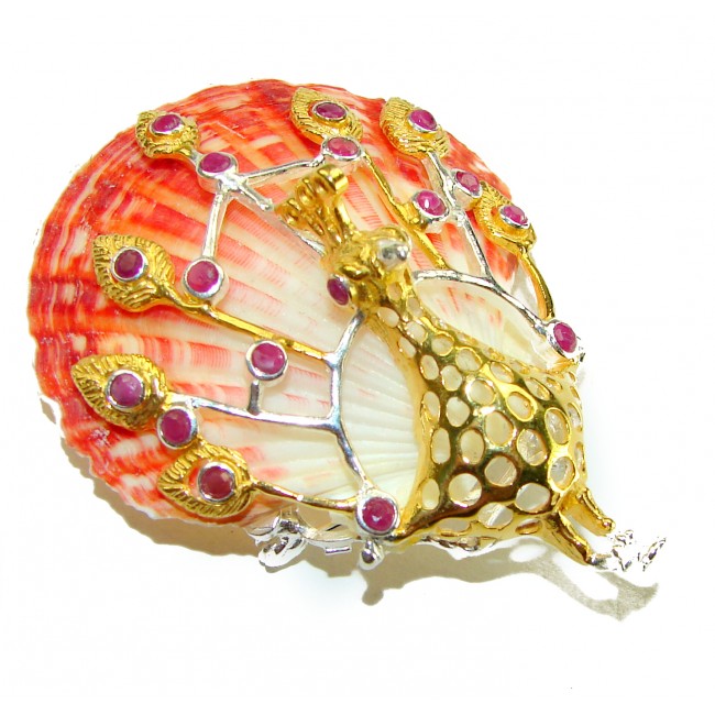 Greaceful Peacock Genuine Ocean Shell Ruby 14K Gold over .925 Sterling Silver handcrafted Pendant brooch