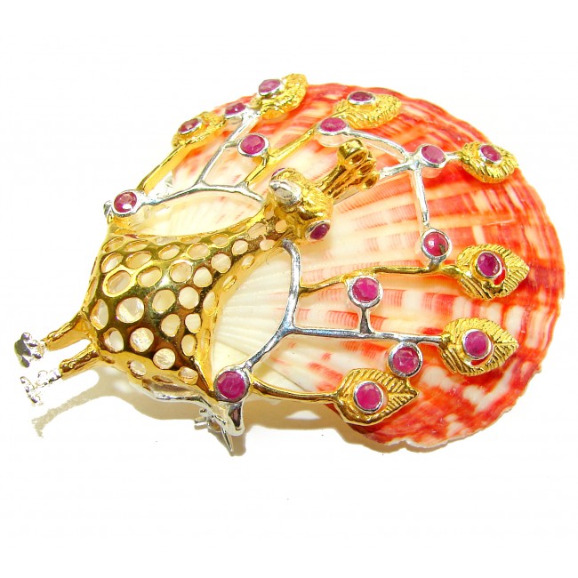 Greaceful Peacock Genuine Ocean Shell Ruby 14K Gold over .925 Sterling Silver handcrafted Pendant brooch