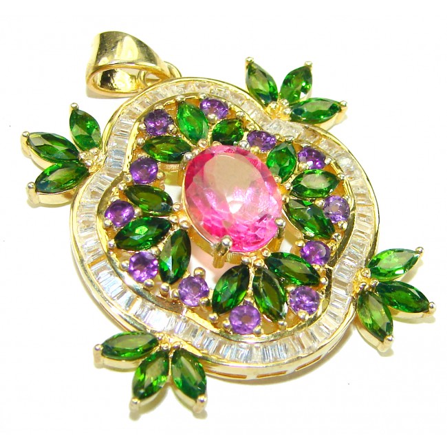 Circle of Life 14.2 carat authentic Ruby .925 Sterling Silver dipped in 14K Gold handmade Pendant - Circle of Life pendant featuring ruby and gemstones, top angle view