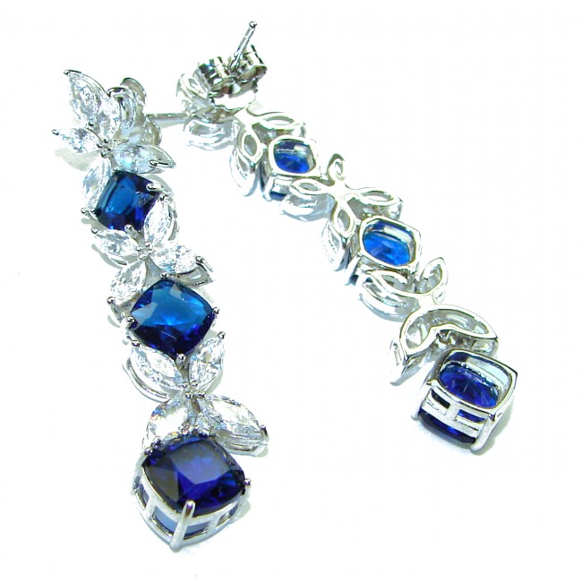 Gabriella 15.2 carat authentic Sapphire rhodium over .925 Sterling Silver handcrafted Statement earrings - Close-up of sapphire and diamond drop earrings.