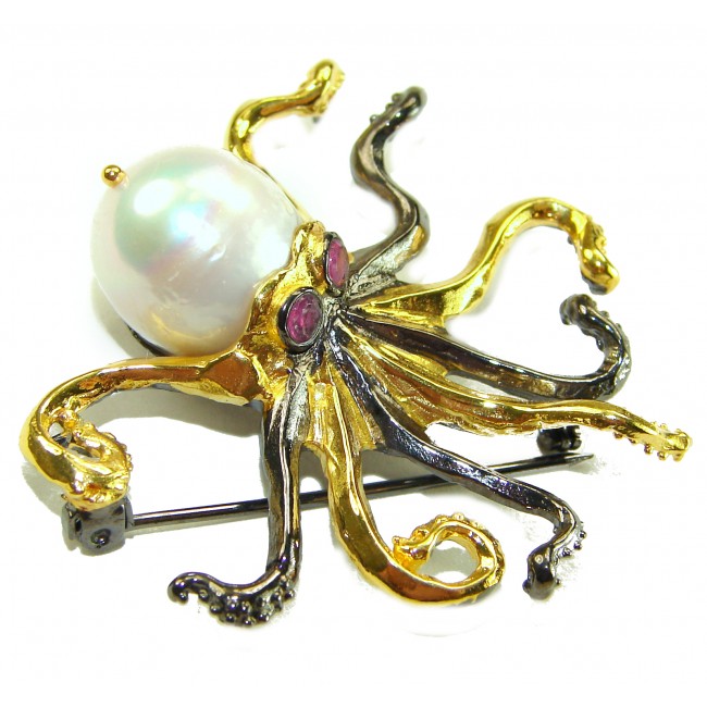 Octopus real Pearl 18K Gold over .925 Sterling Silver handmade Pendant