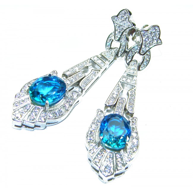 Art Deco 5.5 carat Swiss Blue Topaz .925 Sterling Silver Handcrafted Earrings - photo 3