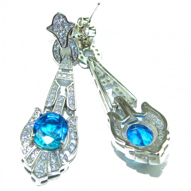 Art Deco 5.5 carat Swiss Blue Topaz .925 Sterling Silver Handcrafted Earrings - photo 1