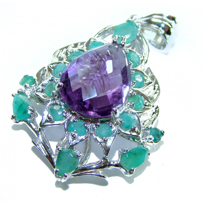Countless Blessings Genuine 15.5 carat Authentic Amethyst Emerald .925 Sterling Silver handmade Pendant - Close-up of Countless Blessings 15.5 carat Amethyst with turquoise accents.