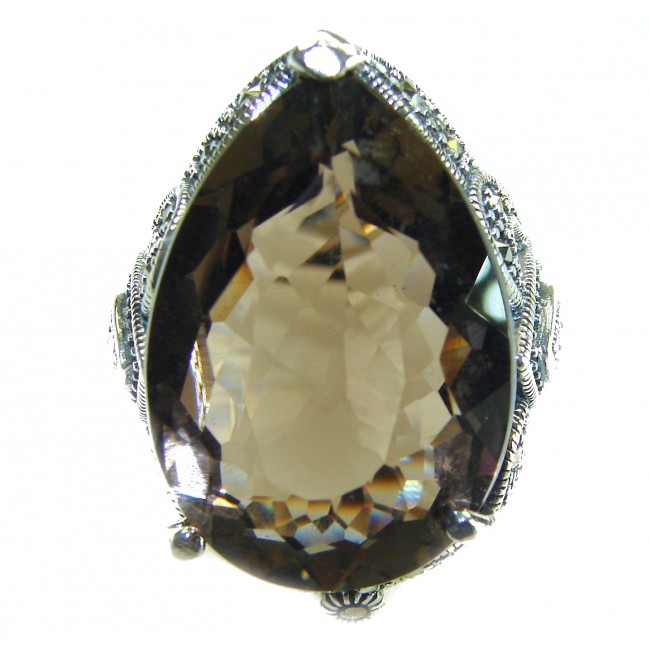 Rare Finding! Natural 28.4 carat Smoky Quartz Marcasite .925 Sterling Silver handmade Large Statement Ring size 8 - photo 3