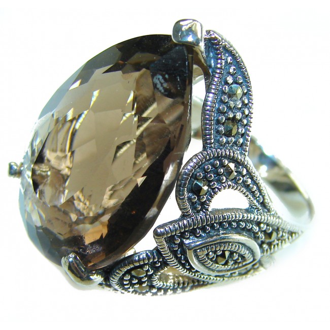 Rare Finding! Natural 28.4 carat Smoky Quartz Marcasite .925 Sterling Silver handmade Large Statement Ring size 8 - photo 2