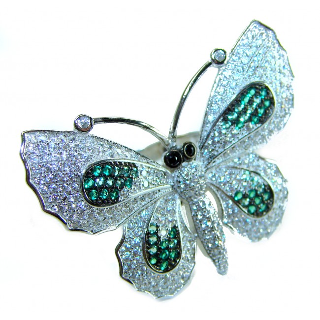 Precious Butterfly Genuine 10.5 carat Emerald .925 Sterling Silver handmade LARGE Statement Ring size 8 - photo 3
