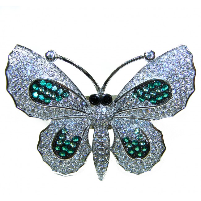 Precious Butterfly Genuine 10.5 carat Emerald .925 Sterling Silver handmade LARGE Statement Ring size 8 - photo 2