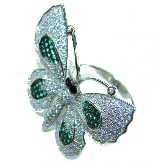 Precious Butterfly Genuine 10.5 carat Emerald .925 Sterling Silver handmade LARGE Statement Ring size 8 - photo 1