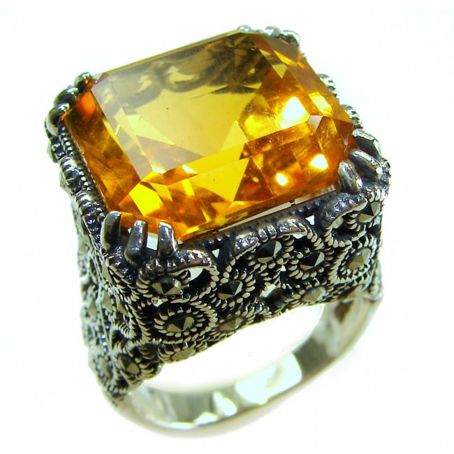 Pure Celestial energy Natural 28.4 carat Golden Topaz Marcasite .925 Sterling Silver handmade Large Statement Ring size 8 1/4