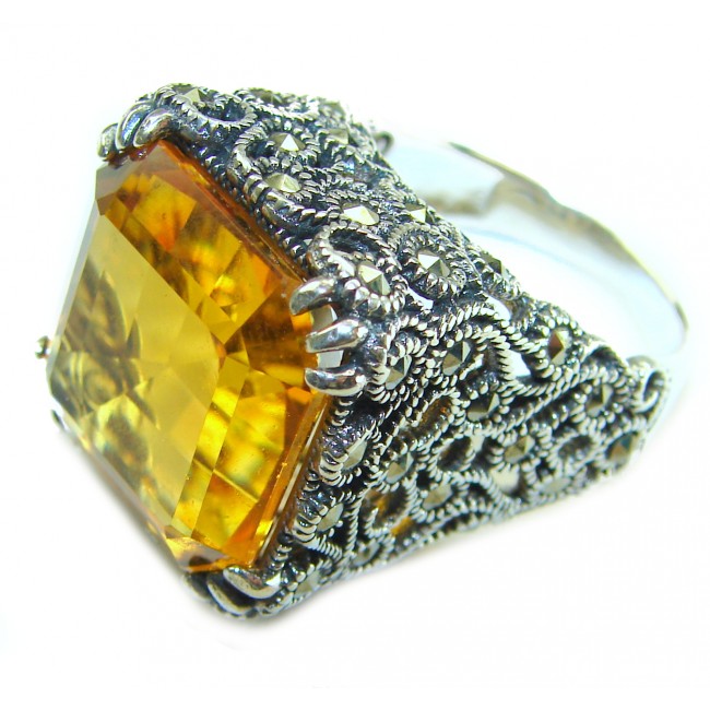 Pure Celestial energy Natural 28.4 carat Golden Topaz Marcasite .925 Sterling Silver handmade Large Statement Ring size 8 1/4