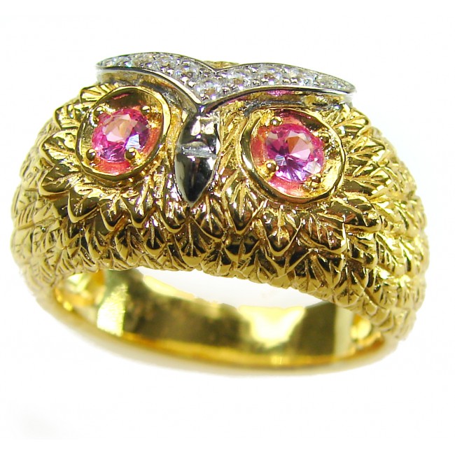 Owl Garnet Eyes .925 Sterling Silver dipped in real Gold handmade Ring size 9