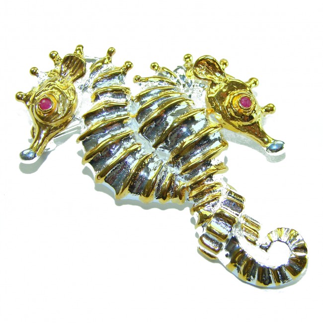 Two Seahorses Excellent 0.5 carat Ruby 14K Gold over .925 Sterling Silver handcrafted Pendant Brooch