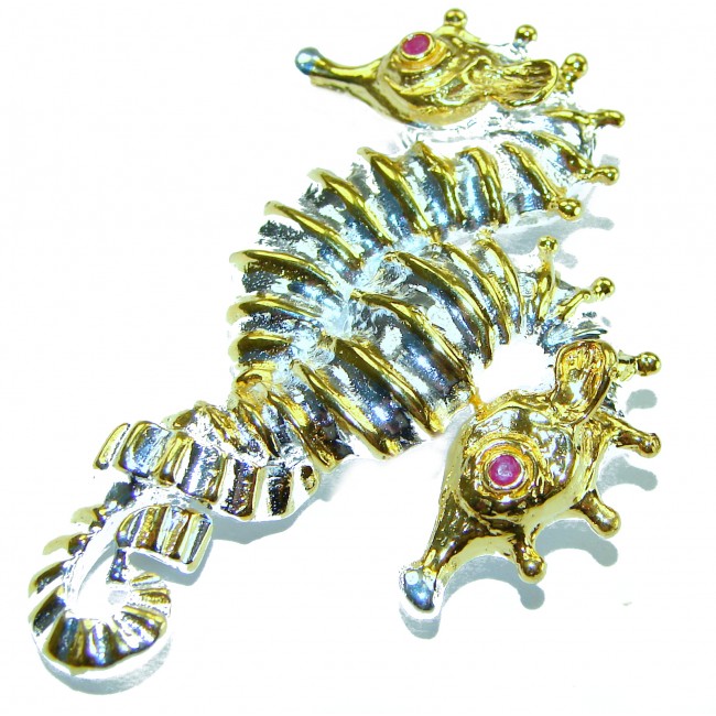 Two Seahorses Excellent 0.5 carat Ruby 14K Gold over .925 Sterling Silver handcrafted Pendant Brooch