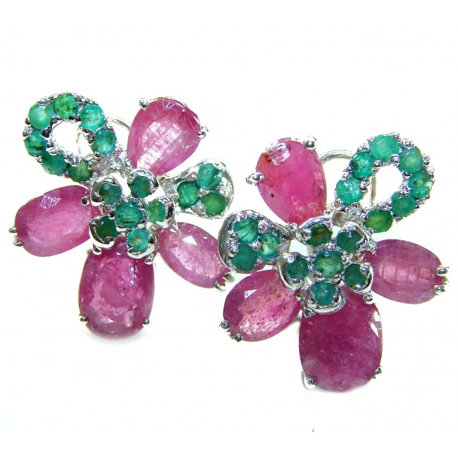 Flower 28.2 carat Mozambique Ruby Emerald .925 Sterling Silver .925 Sterling Silver dipped in rhodium Statement earrings