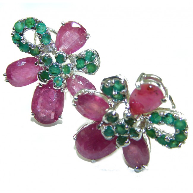 Flower 28.2 carat Mozambique Ruby Emerald .925 Sterling Silver .925 Sterling Silver dipped in rhodium Statement earrings