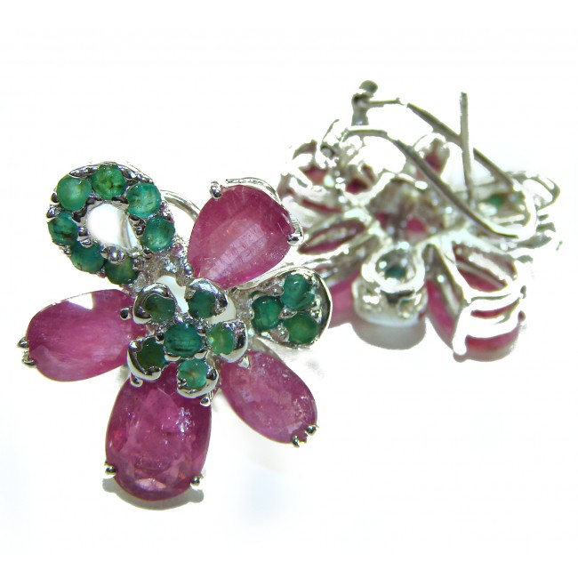 Flower 28.2 carat Mozambique Ruby Emerald .925 Sterling Silver .925 Sterling Silver dipped in rhodium Statement earrings