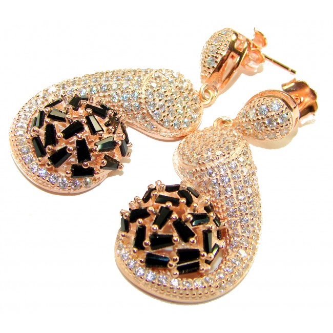 Giovanna - Authentic 22.5 carat Sapphire 18K Rose Gold over .925 Sterling Silver handcrafted earrings - Close-up of drop earrings with sapphires and stones, rose gold setting.