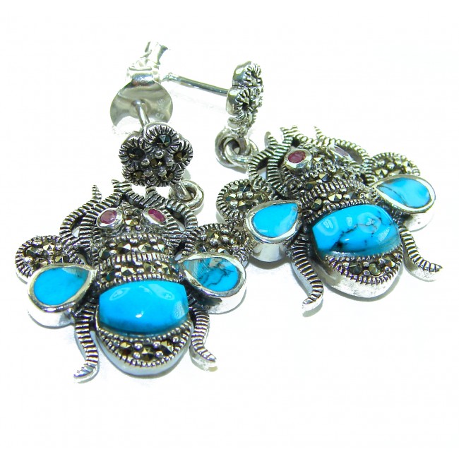 Blue Bees inlay Turquoise Ruby Marcasite .925 Sterling Silver Handcrafted earrings