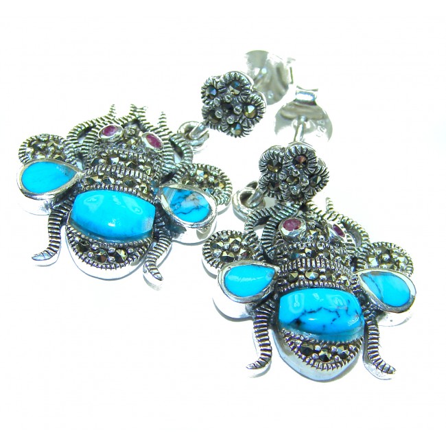 Blue Bees inlay Turquoise Ruby Marcasite .925 Sterling Silver Handcrafted earrings