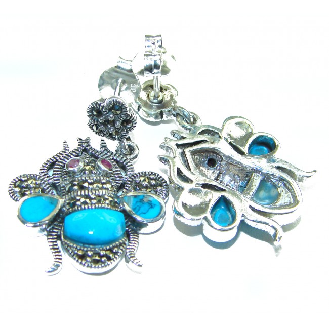 Blue Bees inlay Turquoise Ruby Marcasite .925 Sterling Silver Handcrafted earrings