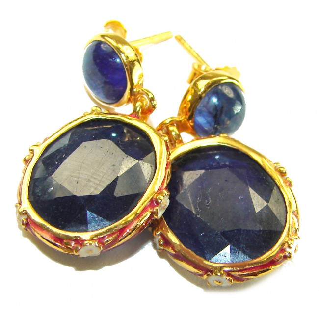 Gabriella 15.2 carat authentic Sapphire enamel .925 Sterling Silver dipped in 22K Gold handcrafted Statement earrings - Close-up of sapphire earrings with enamel and gold detailing.