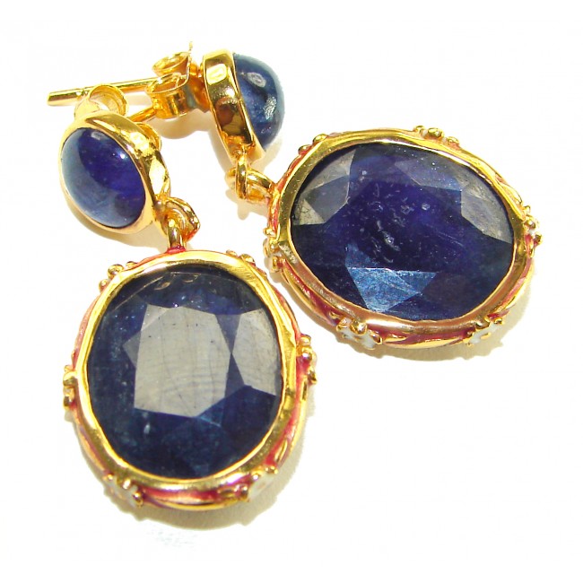 Gabriella 15.2 carat authentic Sapphire enamel .925 Sterling Silver dipped in 22K Gold handcrafted Statement earrings - Blue sapphire earrings with gold trim, front view close-up.