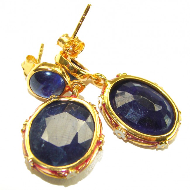 Gabriella 15.2 carat authentic Sapphire enamel .925 Sterling Silver dipped in 22K Gold handcrafted Statement earrings - Close-up of sapphires in gold setting, showing details and enamel accents.
