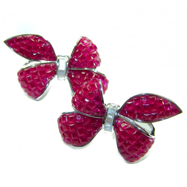 Magnificent Jewel - Bow 25.5 carat Ruby .925 Sterling Silver handcrafted incredible earrings - Ruby bow earrings, front view, 25.5 carat, sterling silver.