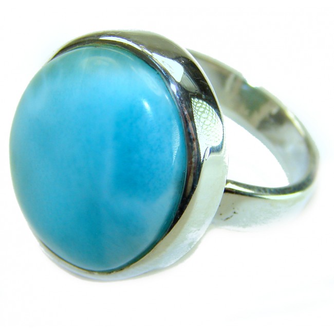 Blue Perfection AUTHENTIC Larimar .925 Sterling Silver handmade Large ring size 8 adjustable - Close-up of blue Larimar stone in sterling silver setting ring.