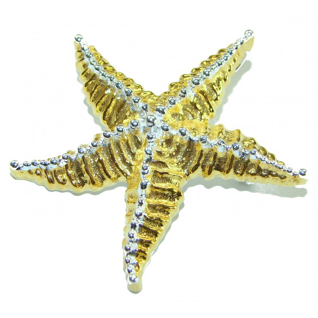 Large Italy made Starfish 18K Gold over .925 Sterling Silver handmade Pendant - Brooch - Starfish jewelry, top view, 18K gold over sterling silver with silver accents.