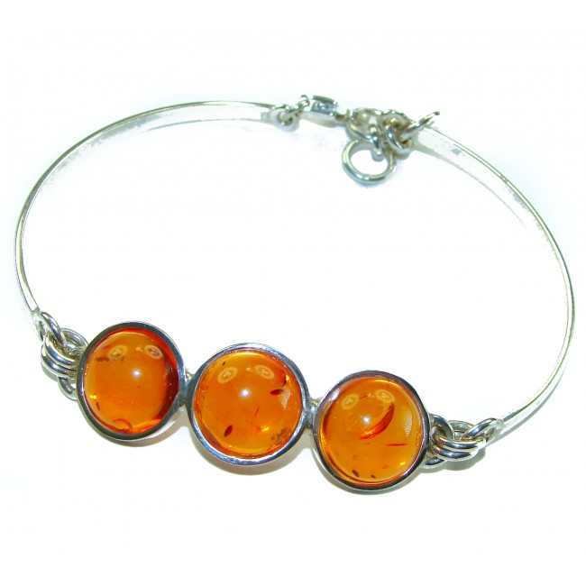 Excellent Baltic Amber .925 Sterling Silver entirely handcrafted Bracelet - Amber and silver bracelet with three stones, overhead view.