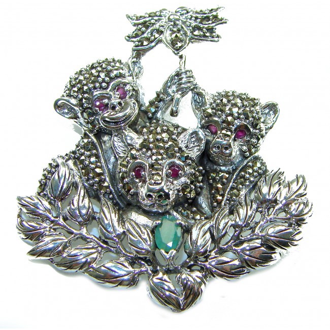 Three Monkeys - Spectacular - Ruby Marcasite .925 Sterling Silver handmade Brooch