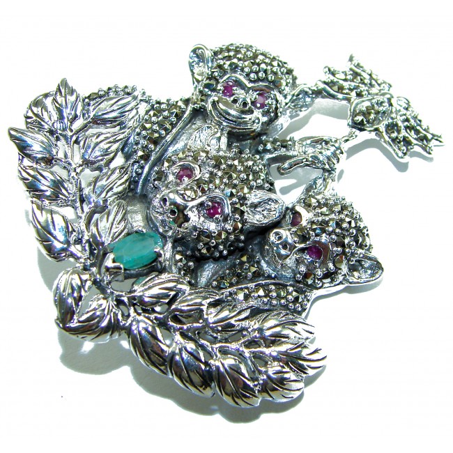 Three Monkeys - Spectacular - Ruby Marcasite .925 Sterling Silver handmade Brooch