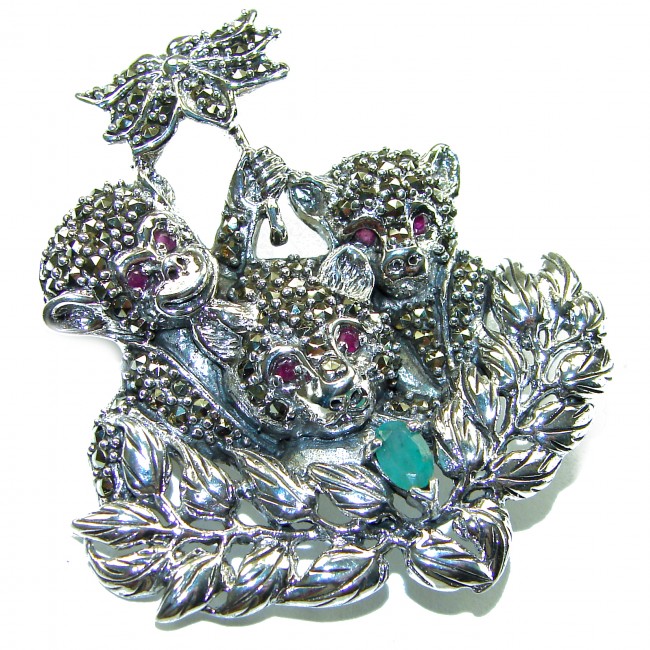 Three Monkeys - Spectacular - Ruby Marcasite .925 Sterling Silver handmade Brooch