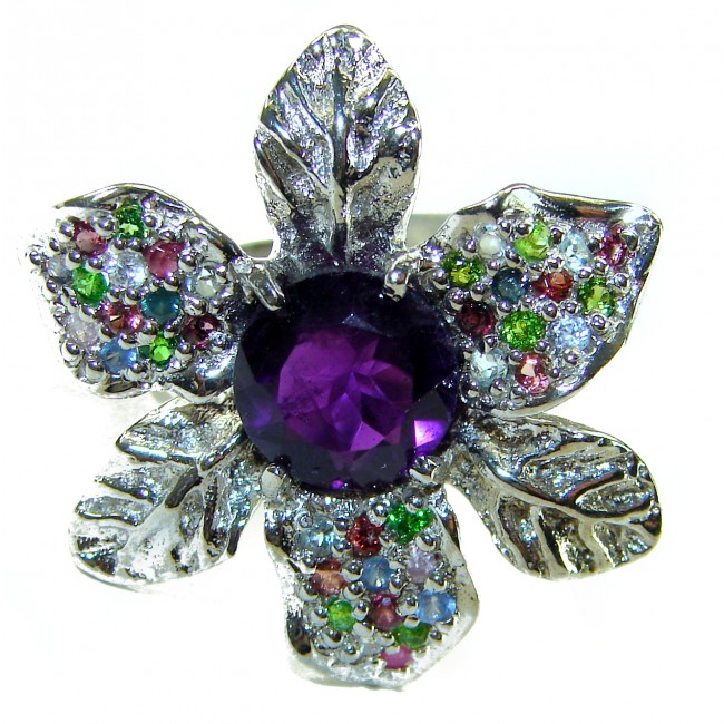 Purple Flower 6.5 carat Amethyst .925 Sterling Silver Handcrafted Large Ring size 7 1/4 - Purple flower ring with amethyst and colorful gemstones, silver leaf detail.