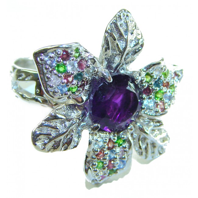Purple Flower 6.5 carat Amethyst .925 Sterling Silver Handcrafted Large Ring size 7 1/4 - Close-up of purple amethyst flower ring with multicolored accents.