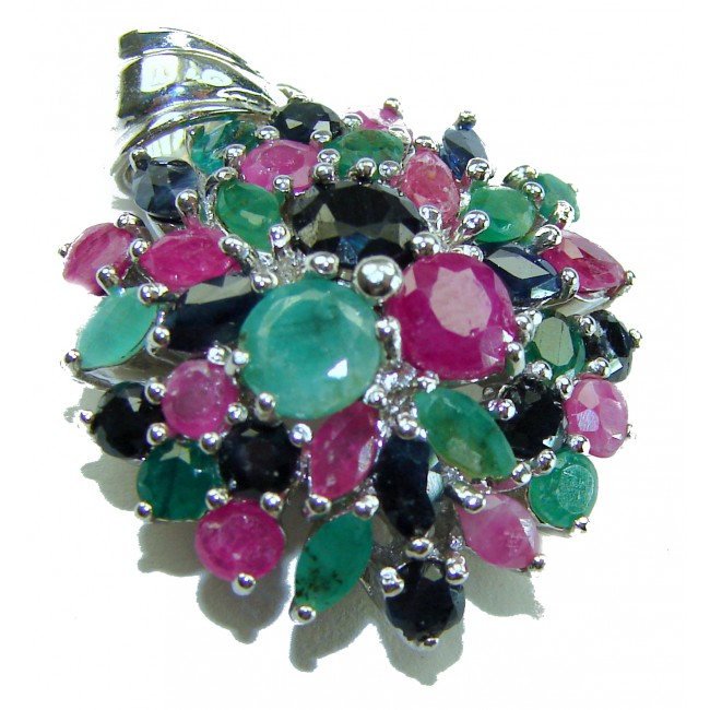 Circle of Life 15.2 carat authentic Sapphire Ruby Emerald .925 Sterling Silver handmade Pendant - Stone close-up of Circle of Life 15.2 carat gemstone jewelry.