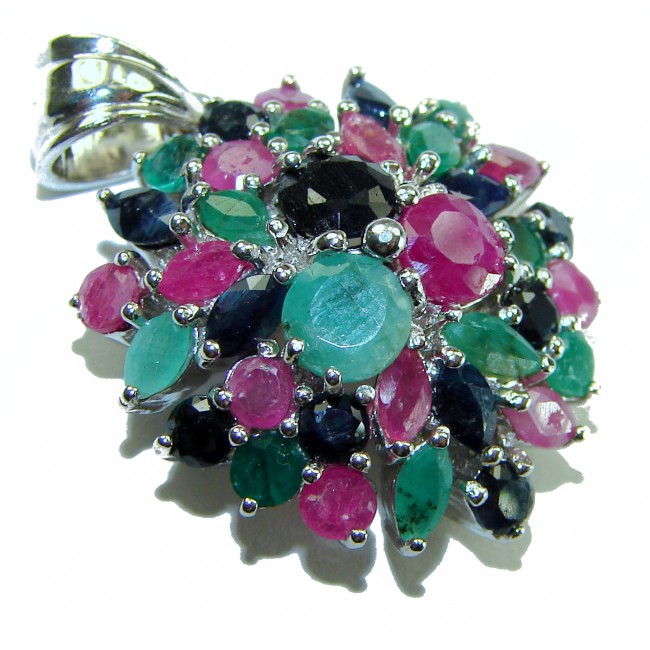 Circle of Life 15.2 carat authentic Sapphire Ruby Emerald .925 Sterling Silver handmade Pendant - Close-up of Circle of Life gemstone pendant with sapphires, rubies, emeralds